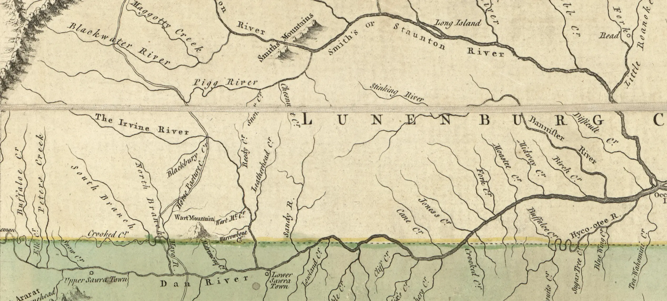 Map showing Blue Ridge Mountains, Dan River, and Staunton River in Virginia (1755)